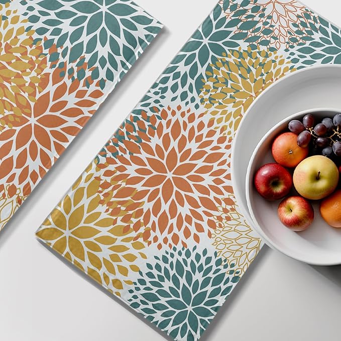 Dahlia Floral Hand Towel Set of 2 Orange and Yellow Teal Flower Kitchen Dish Towels Green Tea Towel Soft Washcloths Towel Set for Bathroom Gym Hotel Spa 28.3 x 14.4 Inch