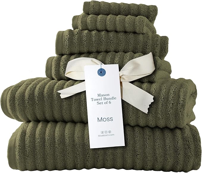 Blue Loom Ribbed Bath Towels Set, 100% Cotton 600GSM, Soft Absorbent Durable 2 Bath Towels, 2 Hand Towels, 2 Wash Cloths for Bathroom - Mason (58" x 30" inch Towels) (Moss, 6 Piece)