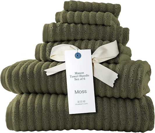 Blue Loom Ribbed Bath Towels Set, 100% Cotton 600GSM, Soft Absorbent Durable 2 Bath Towels, 2 Hand Towels, 2 Wash Cloths for Bathroom - Mason (58" x 30" inch Towels) (Moss, 6 Piece)