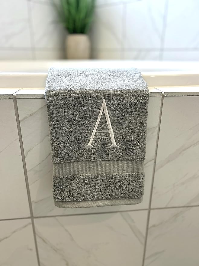 Gray Initial Hand Towel for Bathroom - Monogrammed Luxury Hotel Quality Decorative Embroidered Towel for Powder Room, Spa - GOTS Organic Certified - Set of 2 Silver Letter J
