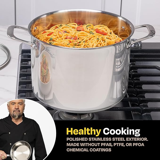 Guy Fieri's Flavortown 8-Quart Stainless Steel Stock Pot with Tempered Glass Lid - Kitchen Cookware with Tri-Ply Base, Oven & Dishwasher Safe, Compatible with Induction, Gas & Electric Stovetops