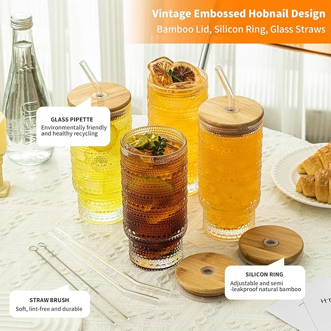 Romantic Highball Drinking Glasses Set of 4 , Beaded Glassware,16 oz Glasses Cups Set with Bamboo Lids Straws Brush Hobnail Glassware Set for Juice , Iced Coffee , Beer and Cocktail Whiskey,Soda