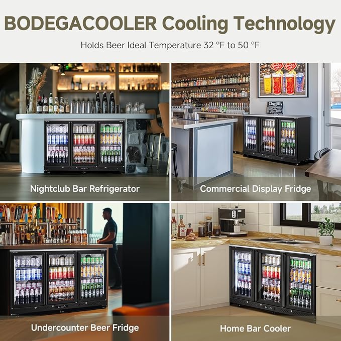 BODEGACOOLER Back Bar Cooler with 3 Glass Doors,12 Cu.Ft Undercounter Commercial Bar Beverage Refrigerator,Stainless Steel Top Drink Fridge for Beer Soda LED Lighting,DOE Approved,Restaurant,Store
