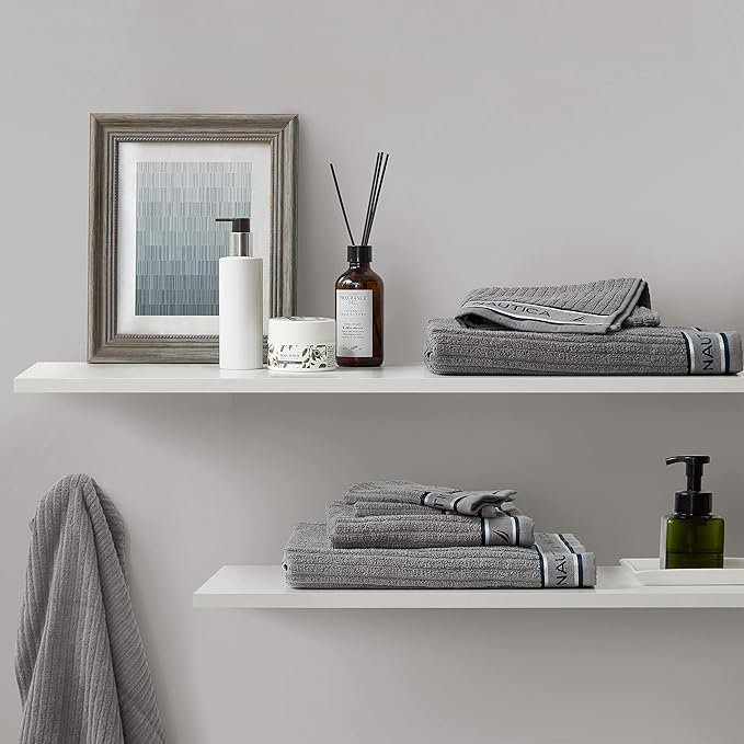 Nautica - Bath Towels, 100% Soft & Absorbent Fluffy Cotton, Highly Absorbent & Quick Dry, Medium Weight Bathroom Towels (Signature Grey, 6 Piece)