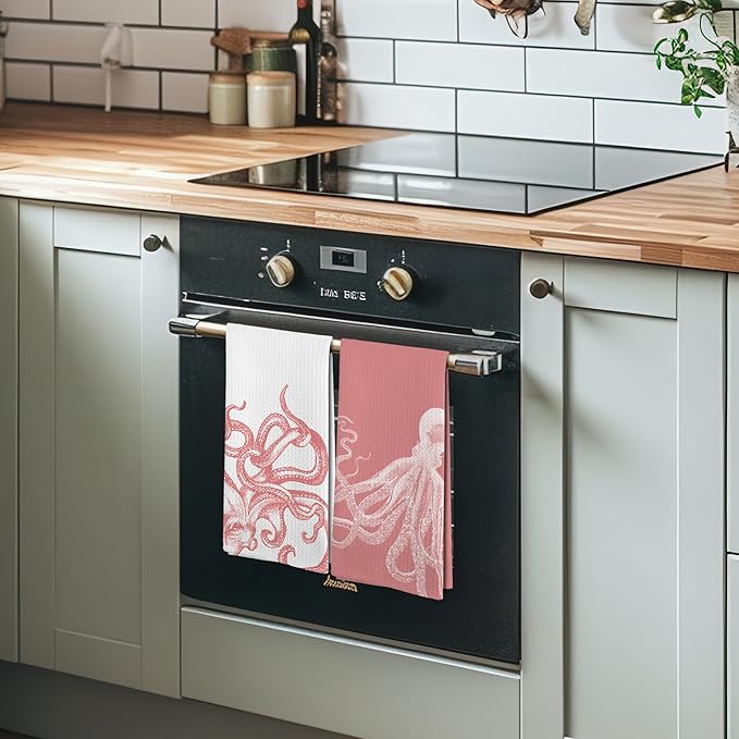 Coastal Pink Octopus Beach Decor Dish Hand Tea Towels for Bathroom Kitchen, Girly Octopus Ocean Nautical Beachy Bathroom Decor, Coastal Kitchen Towels and Dishcloths Sets of 2, 16x24 Inch