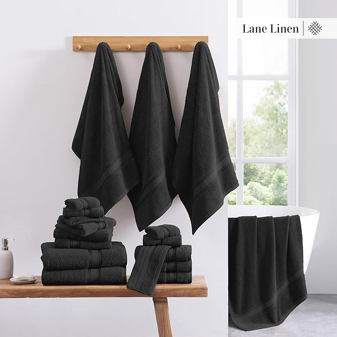 LANE LINEN Luxury Bath Towels Set- 100% Cotton Bathroom Towels, Zero Twist, Quick Dry Shower Towel, Extra Aborbent Super Soft, 6 Bath Towel, 6 Hand Towels, 6 Wash Cloths - Black (18 PC)