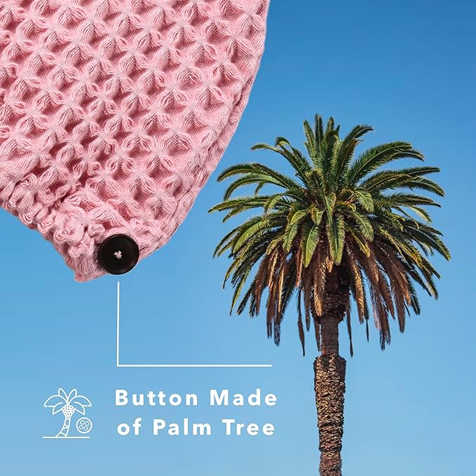 100% Organic Cotton Hair Drying Waffle Towel Wrap for Women | Absorbent & Quick Dry Head Turban for Wet Hair in Shower Sauna Spa, Extra Large for Long Straight Curly Plopping Button (Pink, 2 PACK)