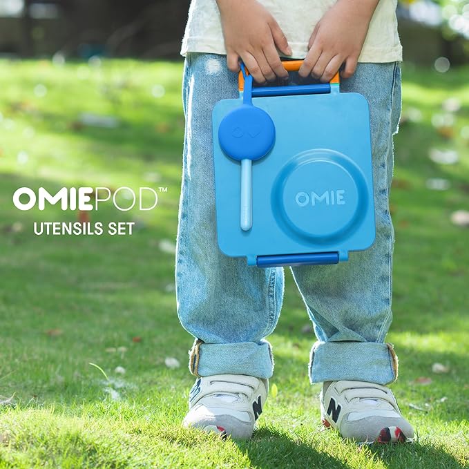 Omie OmieBox Kids Utensils Set with Case - 2 Piece Plastic, Reusable Fork and Spoon Silverware with Pod for Kids (Blue)