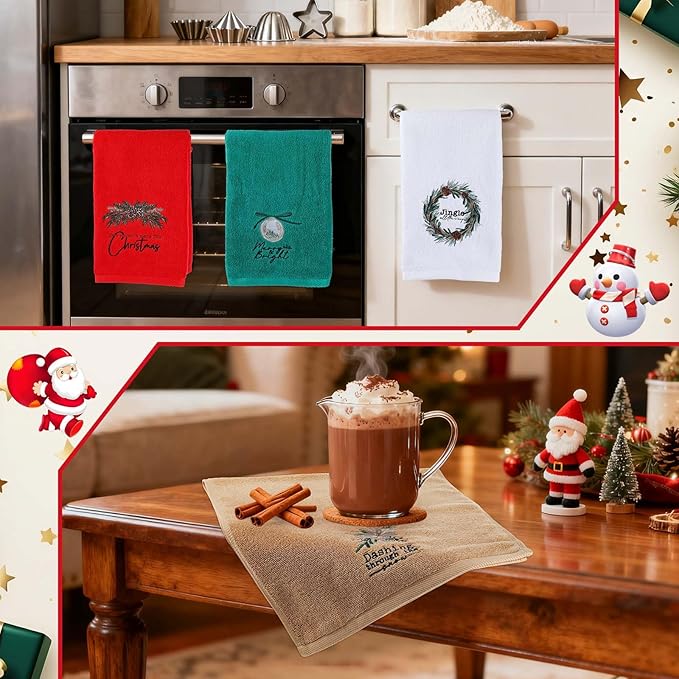 4 Pack Christmas Towels Cotton Embroidered Holiday Hand Towels Gifts 29.5'' x 13.8'' Soft Absorbent Festive Kitchen Dish Cloths Bathroom Decorative Xmas Guest Housewarming Party Supplies