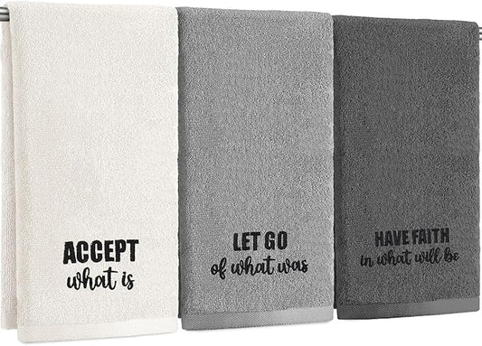 3pcs Farmhouse Decorative Hand Towels for Bathroom and Kitchen Rustic Embroidered 100% Cotton Hand Towels Decorative Set for Boho Bathroom Decor (Motivational Language)