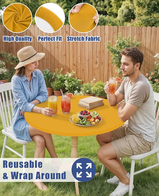Round Spandex Tablecloth, Elastic Fitted Waterproof Tablecloths for 36"-44" Tables, Stretch Washable Picnic Table Cover for Camping, Dining, Indoor and Outdoor, Mustard Yellow