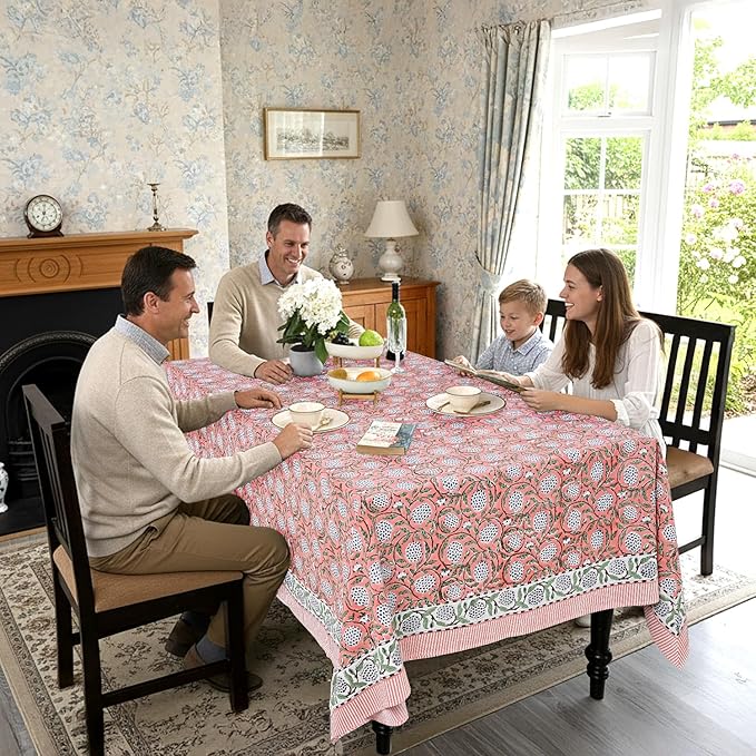 Ridhi Dark Salmon Pink Hand Block Print Cotton Rectangle Tablecloth 90" x 60" inches Reusable Table Cover Decorative Everyday Use for Dining, Farmhouse, Home, Party, Festive, Wedding, Fall