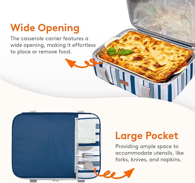 Lifewit Insulated Casserole Carrier for Hot or Cold Food, Casserole Dish Carrying Case, Lasagna Holder for Potluck Parties Picnic Cookouts, Fits 9"x13" Baking Dish, Blue