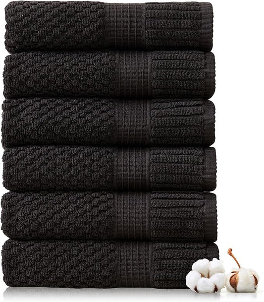 NY Loft 100% Cotton Hand Towel 6 Pack Hand Towel Set | Super Soft & Absorbent Quick-Dry Hand Towels 16" x 28" |Textured and Durable Cotton | Trinity Collection (6 Pack Hand Towel, Black)