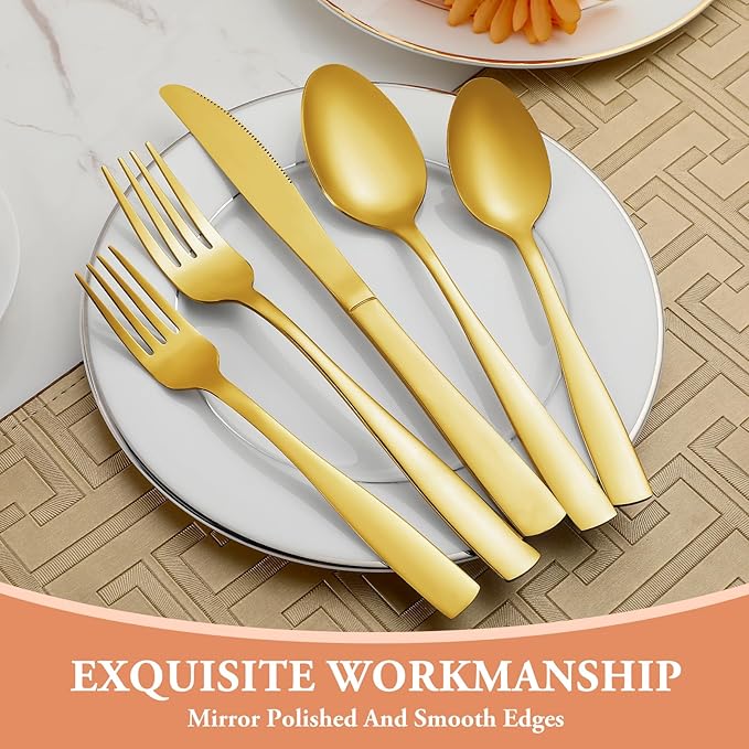 40 Pcs Gold Silverware Set, Stainless Steel Flatware Set for 8, Food-Grade Cutlery Set, Mirror Polished Tableware Eating Utensils Set for Home Kitchen, Include Knife Fork Spoon Set, Dishwasher Safe