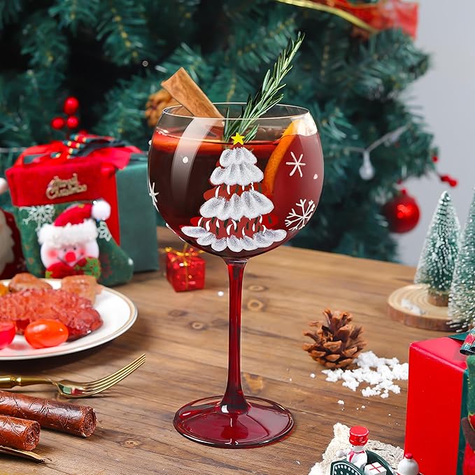 Joeyan Christmas Crystal Balloon Wine Glasses,Hand Painted Large Wine Goblet Glass Cups with Stem,Gin Tonic Cocktail Drinking Glasses with Red Xmas Tree and Snowflakes Patterns,19.5 oz,Set of 2