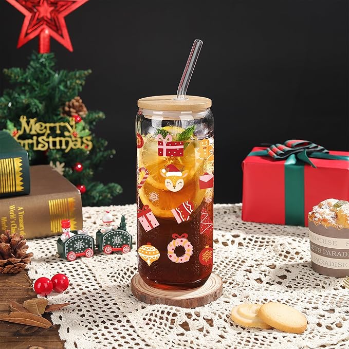 Joeyan Christmas Glass Cups with Lids and Straws,20 oz Iced Coffee Tumbler with Gingerbread Man and Elk Patterns,Cute Can Shaped Beer Drinking Glasses,Holiday Gifts for Women Mom Friend