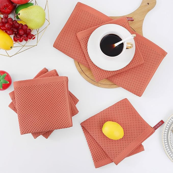 Homaxy 100% Cotton Waffle Weave Kitchen Dish Cloths, Ultra Soft Absorbent Quick Drying Dish Towels, 12 x 12 Inches, 8-Pack, Coral