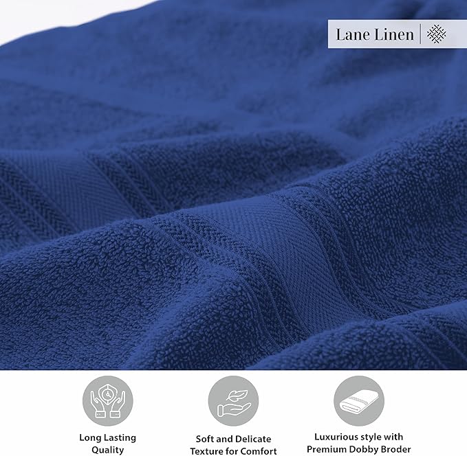 LANE LINEN 100% Cotton 4 Pack Bath Towels (28"x54") - Zero Twist, Mercerized Cotton Towels Set for Bathroom - Quick Dry, Soft & Absorbent Large Bath Towel Set - Dorm Essentials for Boys - Navy Blue