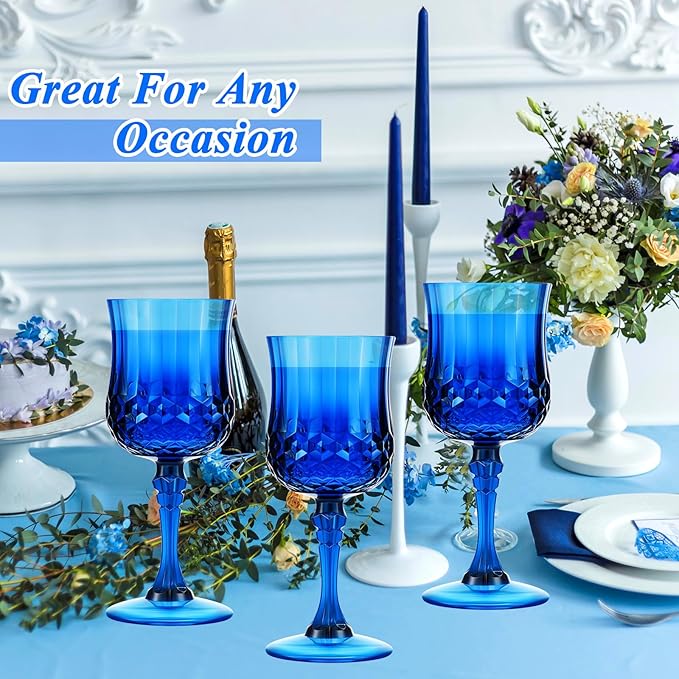 Pinkunn 12 Pcs 7 oz Plastic Vintage Wine Glasses Reusable Colored Goblets Patterned Drinking Water Glasses Cup Dishwasher Safe for Christmas Wedding Reception Party Supplies (Dark Blue)