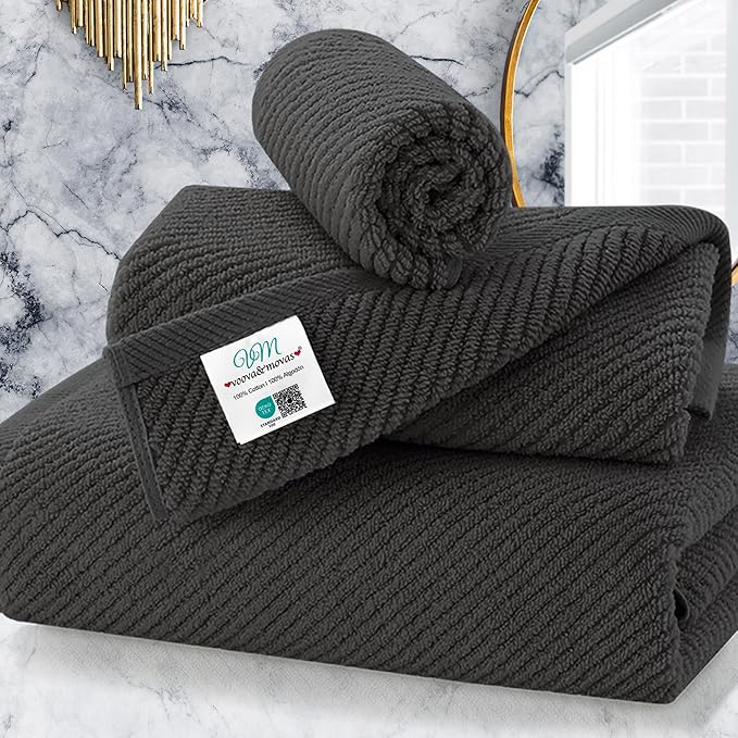 3 Piece Towel Sets for Bathroom, Grey Towels for Showering - 100% Cotton | Quick Dry | Soft | Thick, 1 Large Bath 30" x 56", 1 Hand 18" x 28", 1 Wash Cloth 13" x 13", Bathroom Essentials