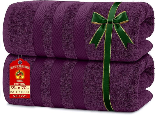 RIVERSIDE Pack of 2 Extra Large Bath Sheets 35 x 70 Inches - 100% Ring Spun Cotton Hotel Quality Oversized Bath Towels - Super Soft, Highly Absorbent & Quicker to Dry - Purple Passion
