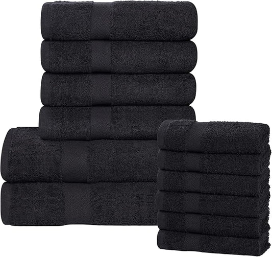 Superior 12-Piece Cotton Assorted Towel Set, Includes 6 Face/Washcloths, 4 Hand, and 2 Bath Towels, Lightweight Essentials, for Home, Gym, Beach, Bathroom, Quick Drying, Franklin Collection, Black