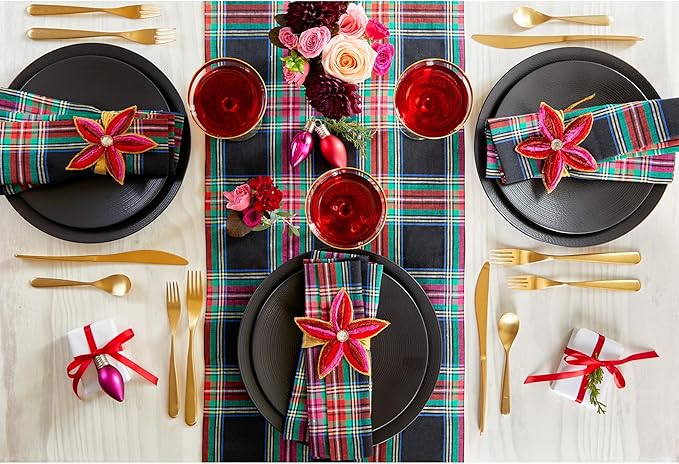 Solino Home Linen Plaid Table Runner 120 Inches Long - 100% Pure Linen Black Jewel Tartan Plaid Table Runner 14 x 120 Inch for Dining, Holiday, New Year