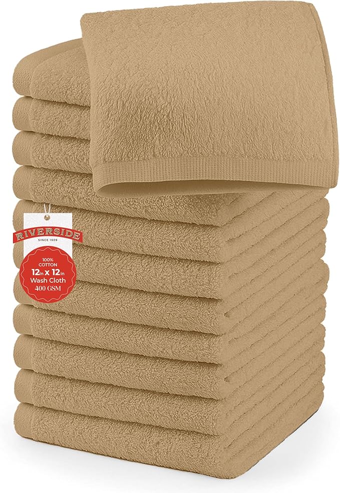 RIVERSIDE 12 Pack Washcloths - 12x12 Inches, 400 GSM, 100% Ring-Spun Cotton - Soft, Absorbent & Durable Face and Body Towels - for Bathroom, Spa, Gym, Makeup Removal & Everyday Use - Tan