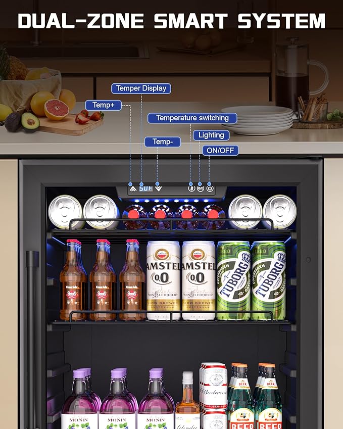 24-Inch Beverage Refrigerator, 200-Can Glass Door Cooler with Adjustable Shelves, Quiet Cooling, Freestanding or Under-Counter – Compatible with Beer, Soda, Wine, Milk, Suita