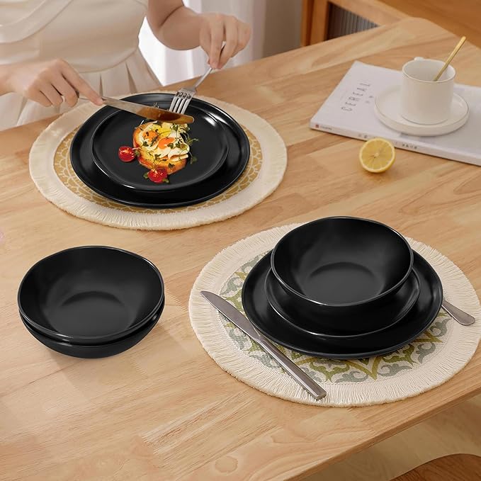 Herogo 12Pcs Plates and Bowls Set for 4, Irregular Handmade Stoneware Dinnerware, Crack and Scratch Resistant, Microwave & Dishwasher Safe, Reactive Glaze, Artistic Rustic Tableware, Matte Black