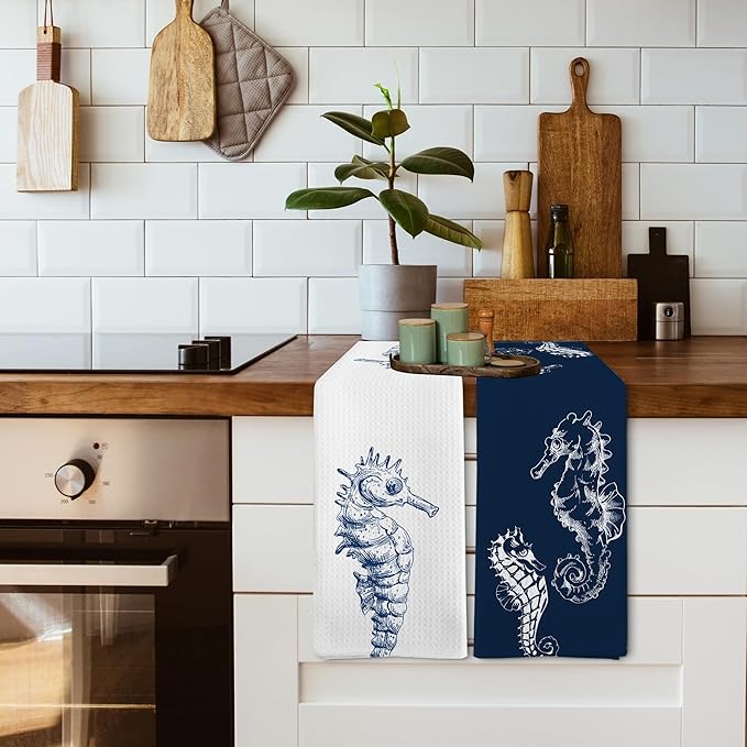Coastal Seahorse Beach Decor Dish Hand Tea Towels for Bathroom Kitchen, Blue Seahorse Ocean Nautical Beachy Bathroom Decor, Coastal Nautical Kitchen Towels and Dishcloths Sets of 2, 16x24Inch
