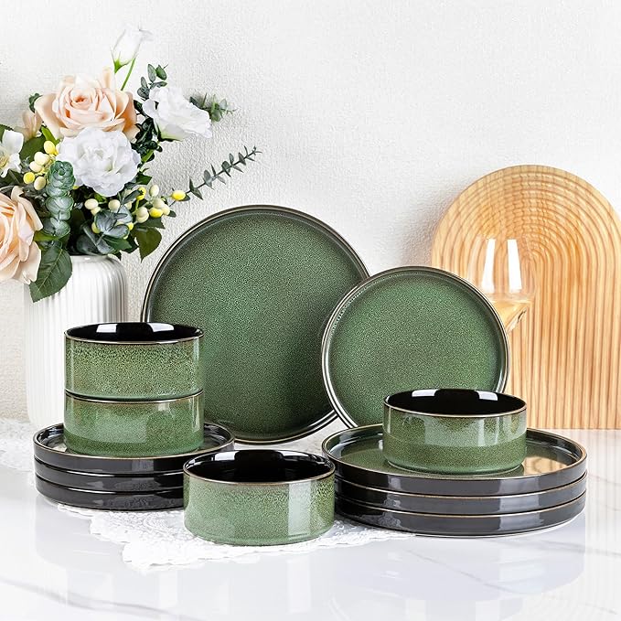 LERATIO Ceramic Dinnerware Sets for 4,Round Reactive Glaze Ceramic Plates and Bowls Set,Highly Chip and Crack Resistant | Dishwasher & Microwave Safe Dishes Set,Service for 4 (12pc)-Green