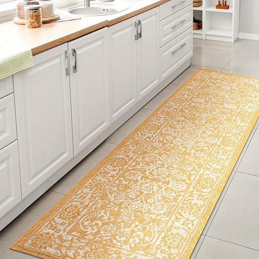 JONATHAN Y Weave Floral Indoor Outdoor Runner Rug 2X8 Yellow/Cream, Tela Bohemian Textured for Backyard, Patio, Porch, Easy-Cleaning, High Traffic, Pet-Friendly, Non-Shedding (SMB100E-28)