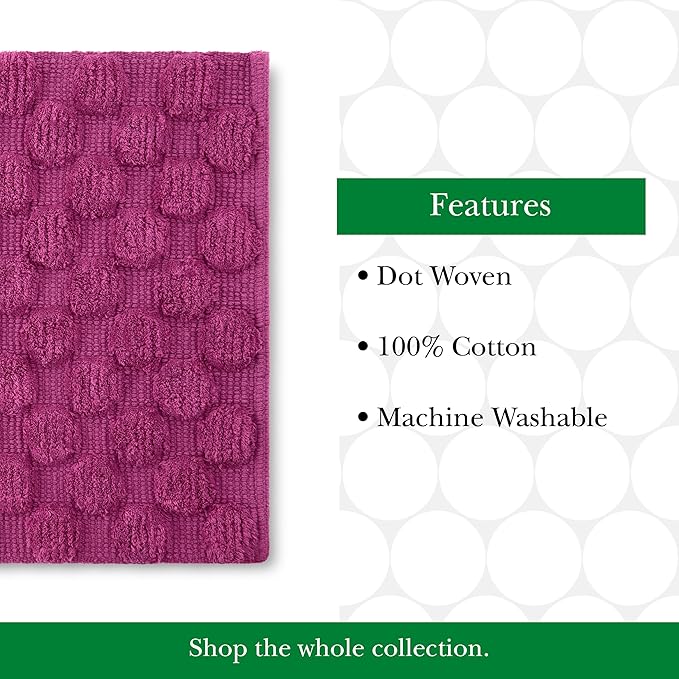 Kate Spade New York Dotted Woven Bath Rug, 21 in x 34 in, Absorbent Bath Mat, Slip Resistant, Made from 100% Cotton, Machine Washable, Fuchsia Red