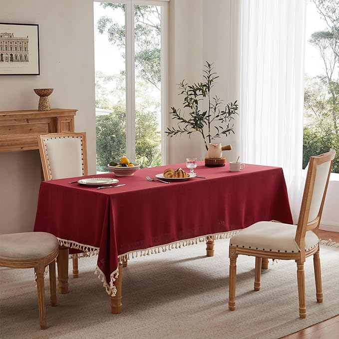 Linen Tablecloth with Tassels, Farmhouse Style Burgundy Tablecloth, Water Resistant Burlap Tablecloths for Square Table, 52x52 Inch Burgundy