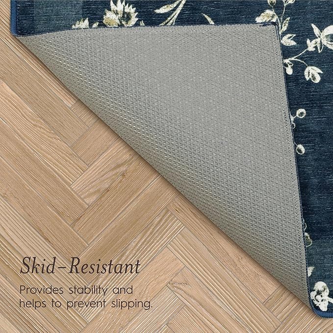 Laura Ashley Dark Navy Aria Floral Border Machine Washable & Slip Resistant 8' x 10' Area Rug