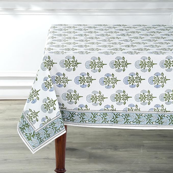 Ridhi Mughal Buta Blue Hand Block Print Cotton Rectangle Tablecloth 108" x 60" inches Reusable Table Cover Decorative Everyday Use for Dining, Farmhouse, Home, Party, Festive, Wedding, Fall