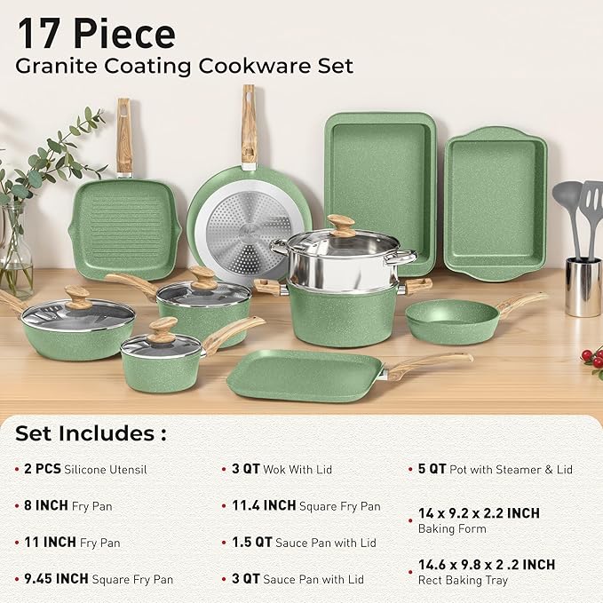 DishDelight Pots and Pans Set Non Stick, 17 Pieces Granite Kitchen Cookware Sets with Nonstick Granite Coating, Induction Cooking Set for Present, Green