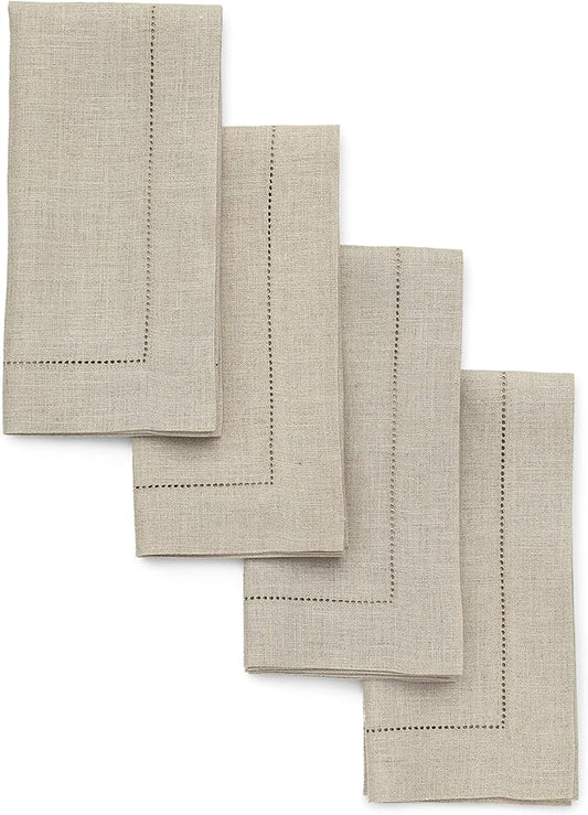 Solino Home Natural Linen Napkins Set of 4-100% Pure Linen Hemstitch Dinner Napkins 20 x 20 Inch for Holiday, New Year - Classic Hemstitch