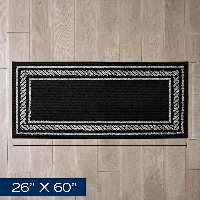 Nautica – Runner Rug | Indoor Runners for Hallways and Entry Rugs| Non-Slip and Non-Skid Entry and Kitchen Door Mat| Machine Washable Entryway Carpet Rugs | 2'2" x 5' | Rope Border Black