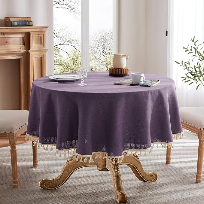 Linen Tablecloth with Tassels, Farmhouse Style Purple Tablecloth, Water Resistant Burlap Tablecloths for Round Table, 52 Inch Round Purple