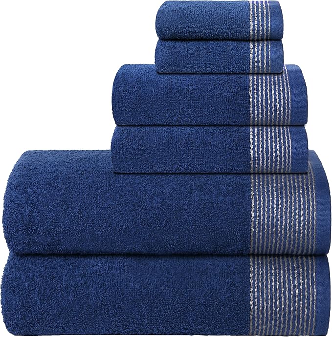 Belizzi Home 100% Cotton Ultra Soft 6 Pack Towel Set, Contains 2 Bath Towels 28x55 inchs, 2 Hand Towels 16x24 inchs & 2 Washcloths 12x12 inchs, Compact Lightweight & Highly Absorbant - Navy Blue