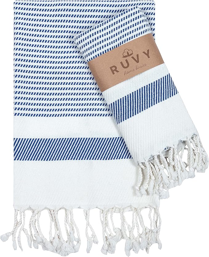 Ruvy Home Basics Turkish Hand Towels for Bathroom Set of 2 | 18"x40", Cotton | Decorative Towel for Bathroom, Kitchen, Dishcloth, Tea, Yoga, Face, Gym - Navy