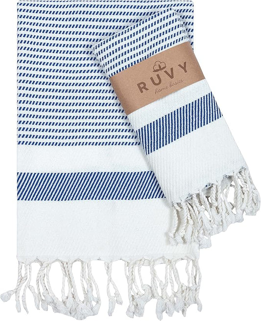Ruvy Home Basics Turkish Hand Towels for Bathroom Set of 2 | 18"x40", Cotton | Decorative Towel for Bathroom, Kitchen, Dishcloth, Tea, Yoga, Face, Gym - Navy
