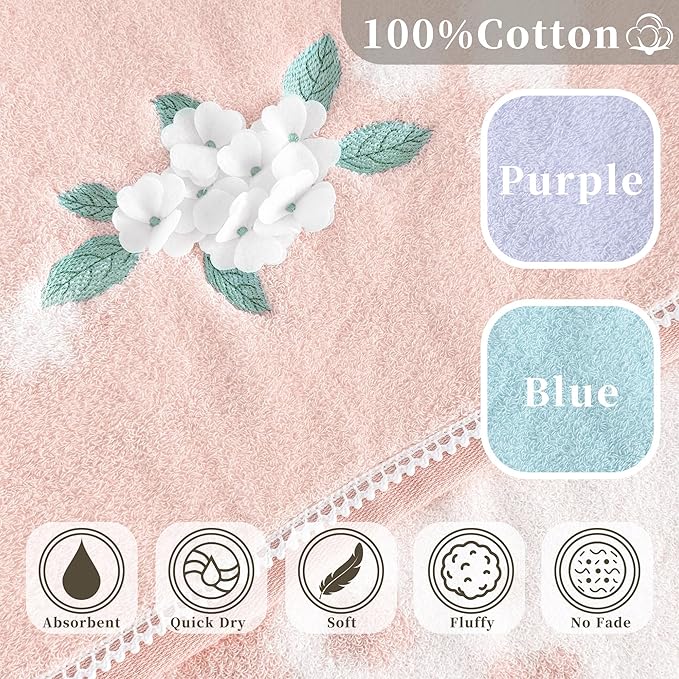 VOOVA & MOVAS Pink Hand Towels Set of 3, 14"x28" - 100% Cotton | Quick Dry | Soft | Absorbent | Lightweight, Flower Hand Towels for Bathroom & Guest, Luxury Towel Set for Showering, Pink