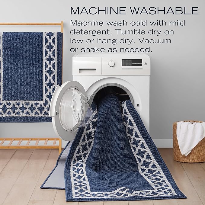 Nautica – Runner Rug | Indoor Runners for Hallways and Entry Rugs| Non-Slip and Non-Skid Entry and Kitchen Door Mat| Machine Washable Entryway Carpet Rugs | 2'2" x 3'9" | Rope Border Denim