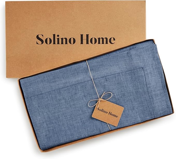 Solino Home Linen Tablecloth 60 x 120 Inch - 100% Pure Linen Blue Denim Table Cloth for Rectangle Tables - Athena, Machine Washable Tablecloth for Christmas, New Year