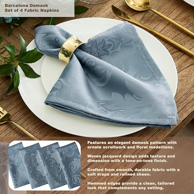 Newbridge Christmas Barcelona Damask Fabric Tablecloth, 52 x 70 Inch Rectangle, Blue – No Iron, Soil Resistant Table Cover for Dining, Parties and Holidays