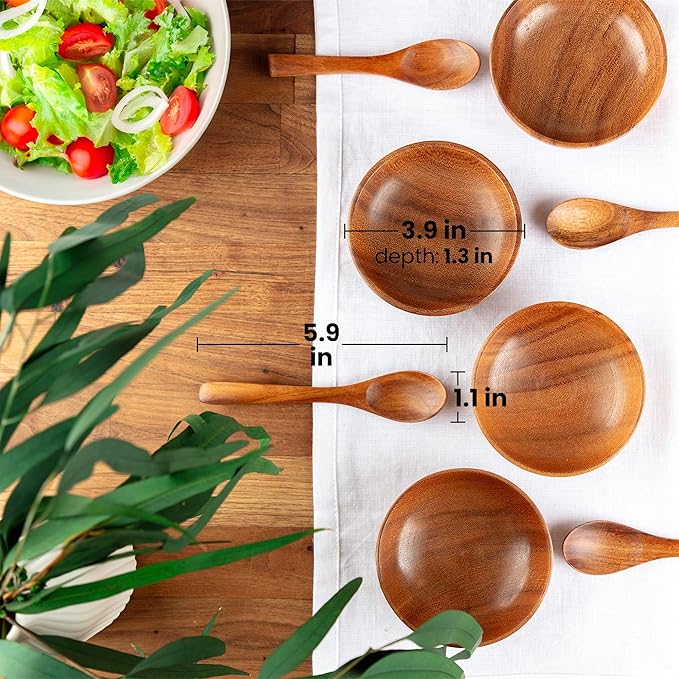 Zulay Kitchen Teak Wood Dipping Bowls with Spoons Set – 8 Piece Wooden Serving Set with 4 Mini Bowls and 4 Small Spoons, Handcrafted Natural Teak Wood, Durable & Smooth Finish